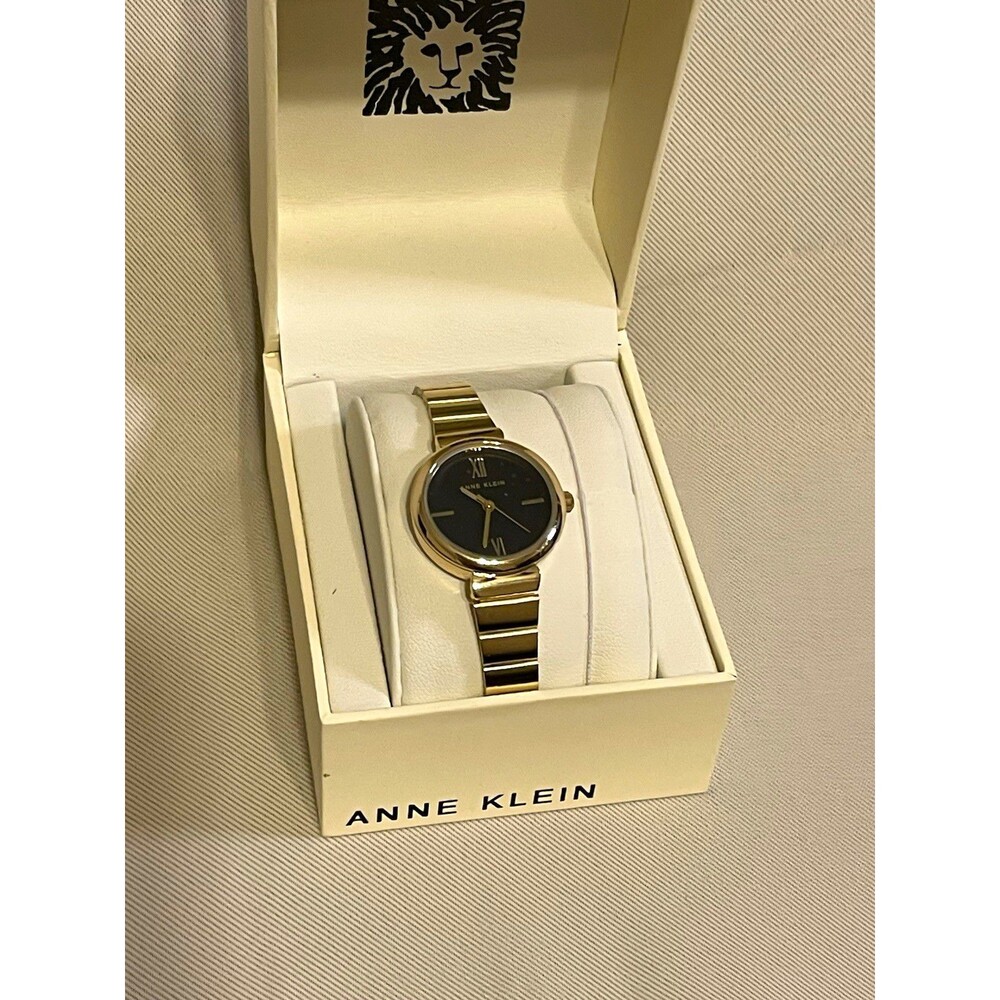 Anne Klein Women's Quartz Gold-Tone Bracelet Watch Black Dial w/ Box & Manual